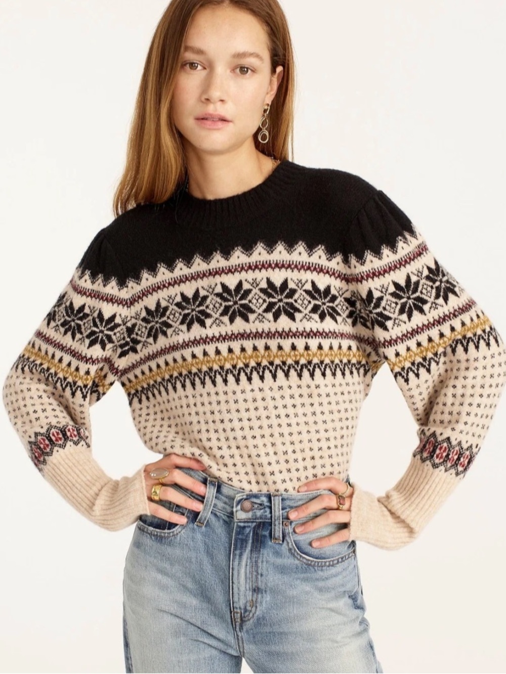 J. Crew Women’s Fair Isle Puff Sleeve Crewneck Supersoft Yarn Sweater size XS